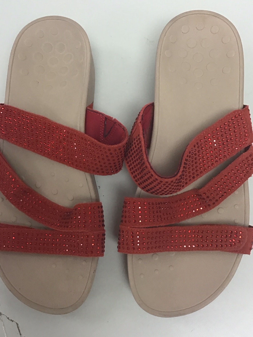 Vionic Red Rhinestone Triple-Strap Slide Sandals - Picture 2 of 6